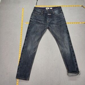 Pull Bear Jeans Mens Blue Selvedge Tapered Denim Zip Faded Whiskers Fits 30x28
